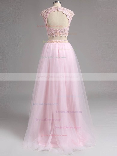 Two Piece Scoop Neck Cap Straps Lace Tulle Beading Sweep Train Open Back Prom Dress #ZPJCD020100089