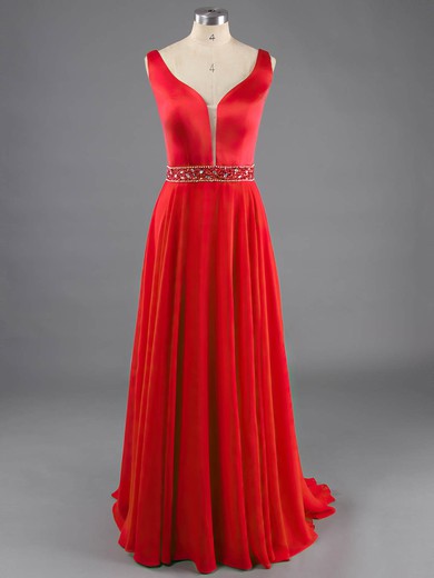Beautiful V-neck Straps Chiffon Sweep Train with Beading Red Prom Dresses #ZPJCD020100111