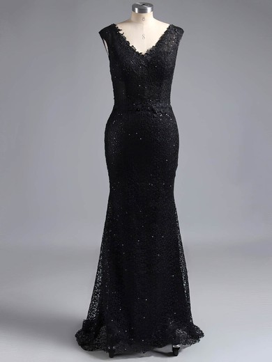 Trumpet/Mermaid Lace with Sequins Cap Straps V-neck Black Prom Dresses #ZPJCD020100130