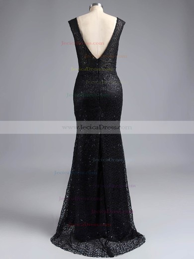 Trumpet/Mermaid Lace with Sequins Cap Straps V-neck Black Prom Dresses #ZPJCD020100130
