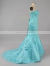 Trumpet/Mermaid Blue Taffeta Tulle Appliques Lace Sweep Train Lace-up Prom Dresses #ZPJCD020100135