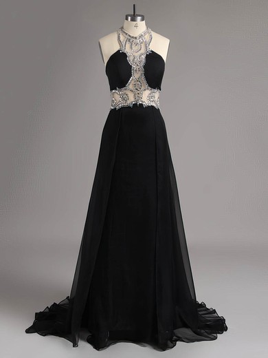 Sparkly Halter Chiffon Crystal Detailing Floor-length Black Backless Prom Dresses #ZPJCD020100646