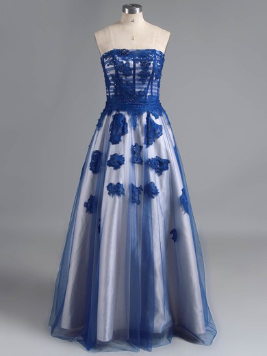 Princess Tulle Elastic Woven Satin Appliques Lace Royal Blue Strapless Prom Dresses #ZPJCD020100809