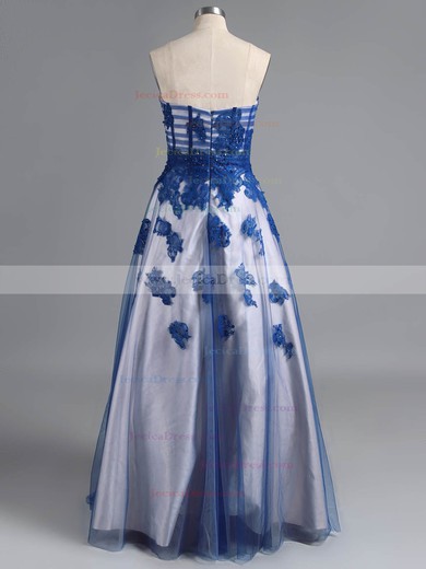 Princess Tulle Elastic Woven Satin Appliques Lace Royal Blue Strapless Prom Dresses #ZPJCD020100809