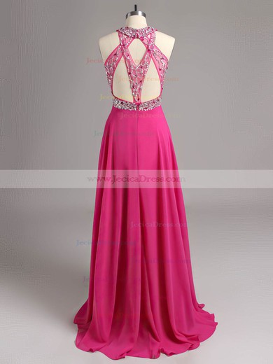 Popular A-line Scoop Neck Chiffon Tulle with Beading Open Back Prom Dresses #ZPJCD020100944