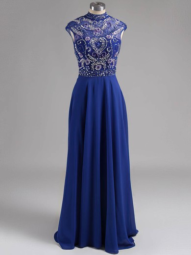High Neck Royal Blue Chiffon Crystal Detailing Floor-length Amazing Prom Dresses #ZPJCD020101150