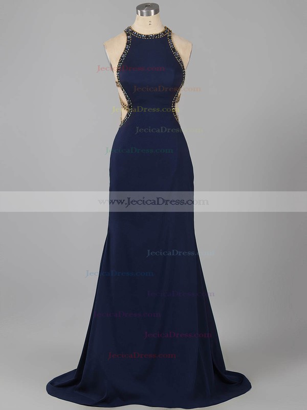 Sexy Scoop Neck Silk-like Satin with Beading Sweep Train Dark Navy Prom Dress #ZPJCD020101155
