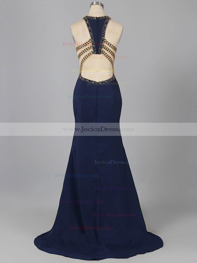 Sexy Scoop Neck Silk-like Satin with Beading Sweep Train Dark Navy Prom Dress #ZPJCD020101155
