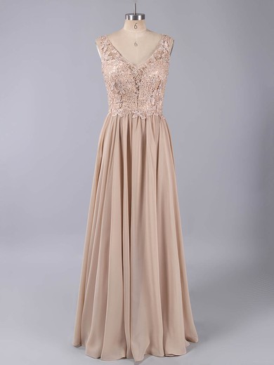 Newest A-line V-neck Chiffon Appliques Lace Floor-length Prom Dress #ZPJCD020101163