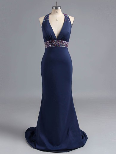 Trumpet/Mermaid Silk-like Satin Crystal Detailing V-neck Open Back Prom Dress #ZPJCD020101231