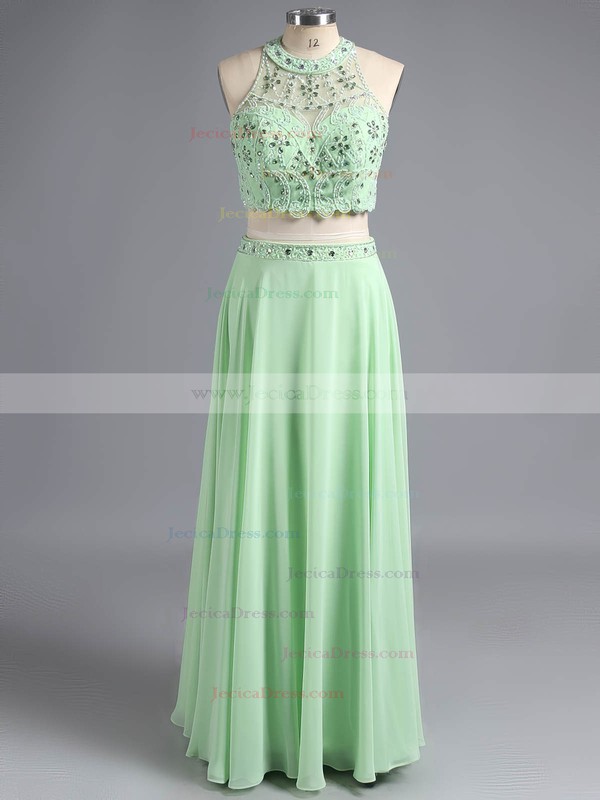 Classy Scoop Neck Green Chiffon Floor-length Beading Two-pieces Prom Dress #ZPJCD020101232