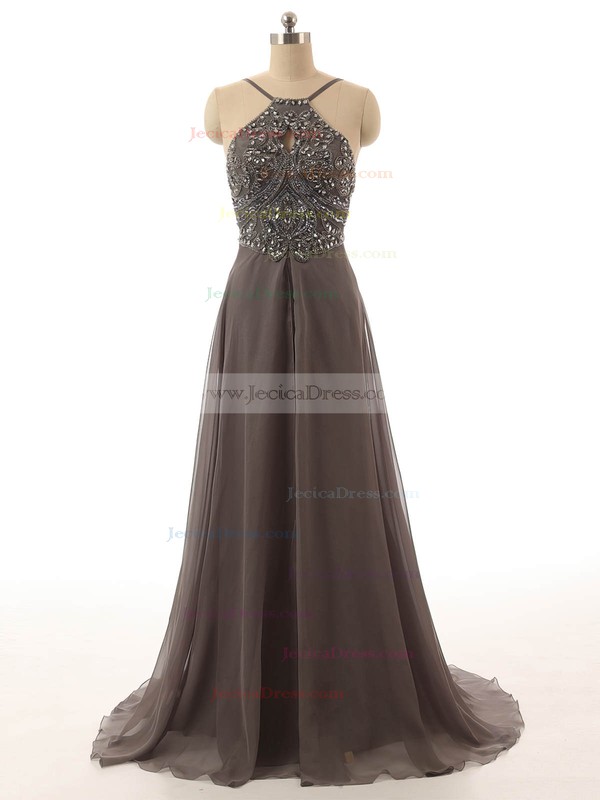Original Scoop Neck Sweep Train Red Chiffon Beading Backless Prom Dresses #ZPJCD020101239