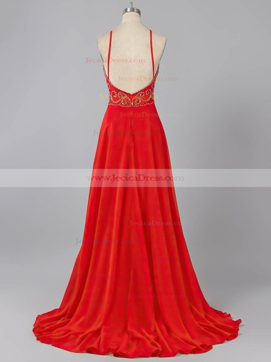 Original Scoop Neck Sweep Train Red Chiffon Beading Backless Prom Dresses #ZPJCD020101239