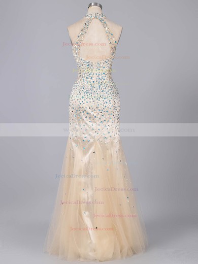 Open Back High Neck Tulle Silk-like Satin Crystal Detailing Trumpet/Mermaid Prom Dresses #ZPJCD020101299