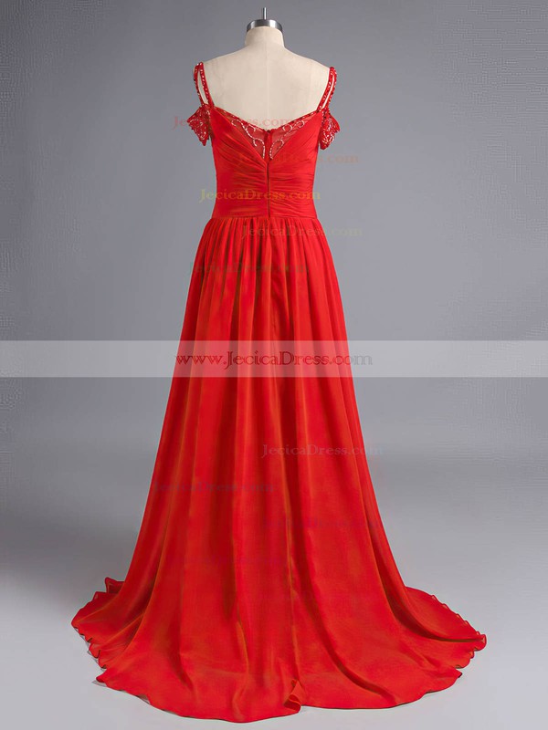 Beautiful A-line Off-the-shoulder Chiffon with Beading Red Prom Dresses #ZPJCD020101329