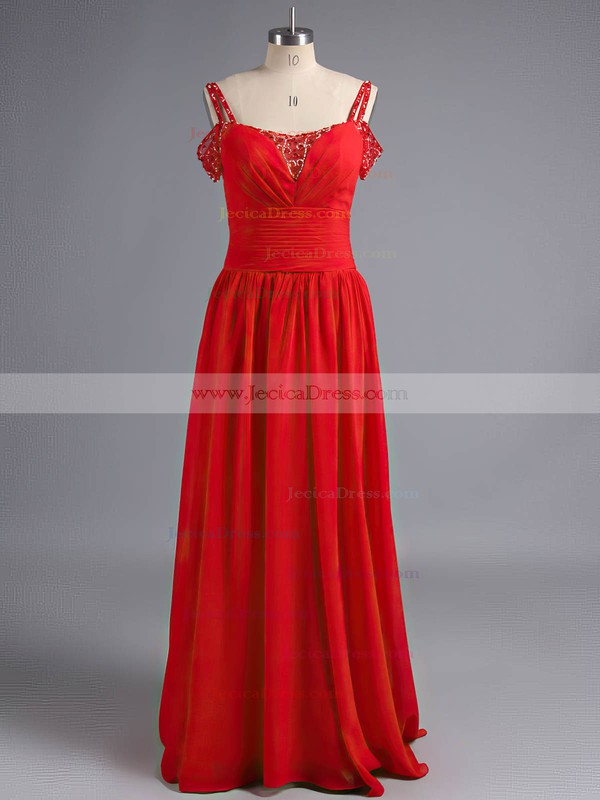 Beautiful A-line Off-the-shoulder Chiffon with Beading Red Prom Dresses #ZPJCD020101329