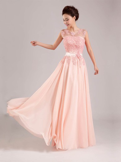Affordable A-line Scoop Neck Chiffon Tulle Appliques Lace Pink Prom Dress #ZPJCD020101377