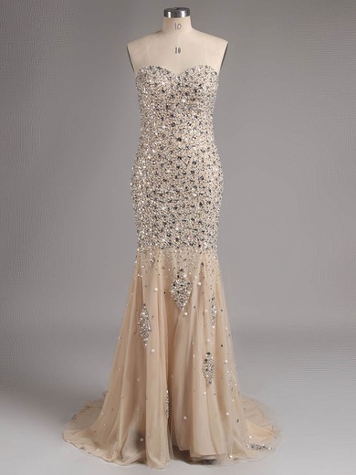 Exclusive Sweetheart Champagne Chiffon Tulle Beading Trumpet/Mermaid Prom Dresses #ZPJCD020101409