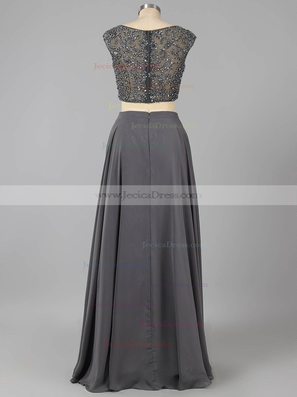 New Style Scoop Neck Gray Chiffon Tulle Beading Floor-length Two-piece Prom Dresses #ZPJCD020101468