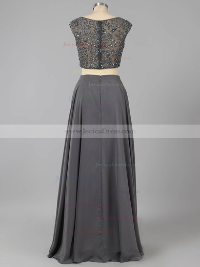 New Style Scoop Neck Gray Chiffon Tulle Beading Floor-length Two-piece Prom Dresses #ZPJCD020101468