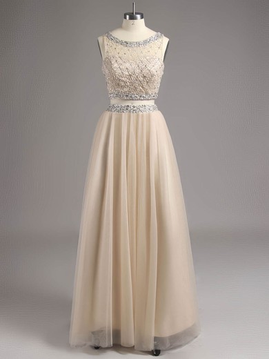 Two-pieces Scoop Neck Tulle Floor-length with Beading Champagne Prom Dress #ZPJCD020101743
