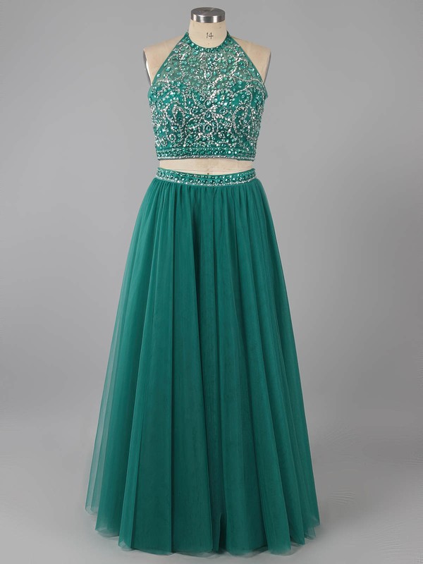 Open Back A-line Scoop Neck Dark Green Tulle Beading Two-pieces Prom Dress #ZPJCD020101744