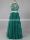Open Back A-line Scoop Neck Dark Green Tulle Beading Two-pieces Prom Dress #ZPJCD020101744