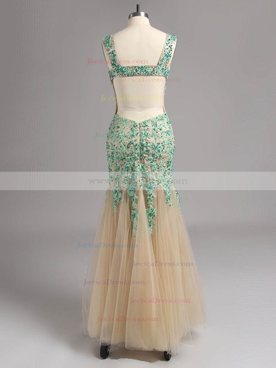 Backless Trumpet/Mermaid Scoop Neck Tulle with Beading Champagne Prom Dresses #ZPJCD020101777