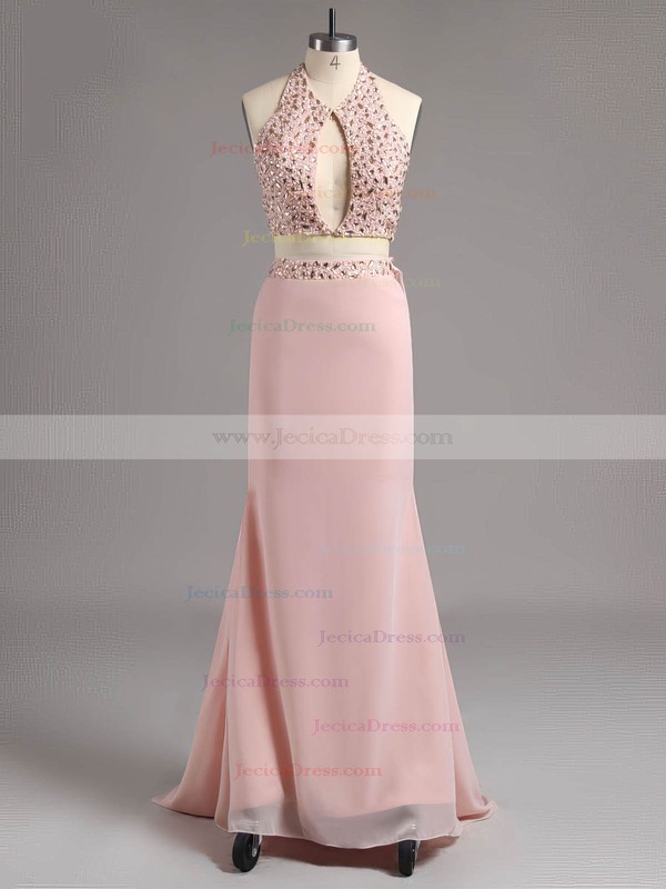 Sheath/Column Halter Backless Chiffon Crystal Detailing Two Pieces Prom Dresses #ZPJCD020101845