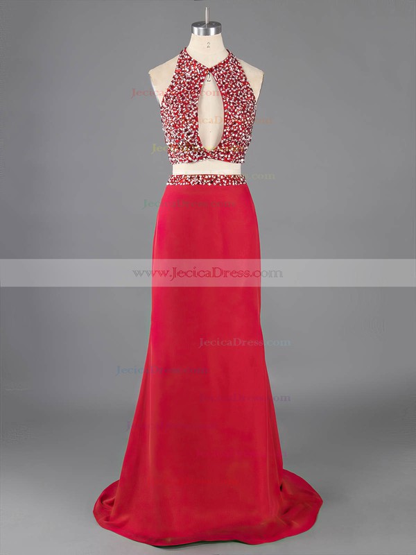 Sheath/Column Halter Backless Chiffon Crystal Detailing Two Pieces Prom Dresses #ZPJCD020101845
