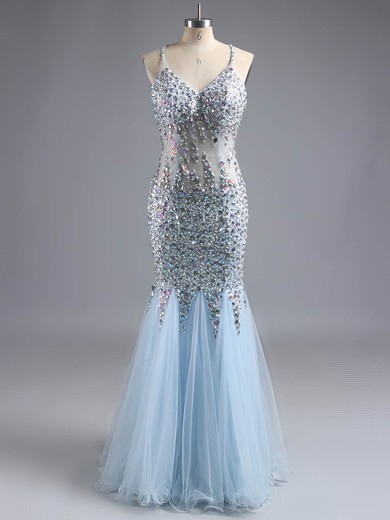 Trumpet/Mermaid Blue Tulle Crystal Detailing V-neck Backless Sexy Prom Dresses #ZPJCD020101900