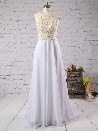 Fashion Scoop Neck White Chiffon Crystal Detailing Floor-length Open Back Prom Dresses #ZPJCD020102006