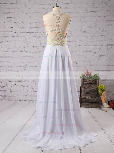 Fashion Scoop Neck White Chiffon Crystal Detailing Floor-length Open Back Prom Dresses #ZPJCD020102006