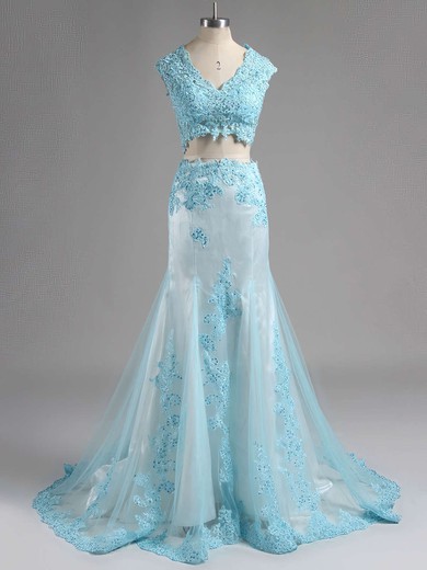 Trumpet/Mermaid V-neck Tulle Elastic Woven Satin Appliques Lace Two Piece Prom Dresses #ZPJCD020102049