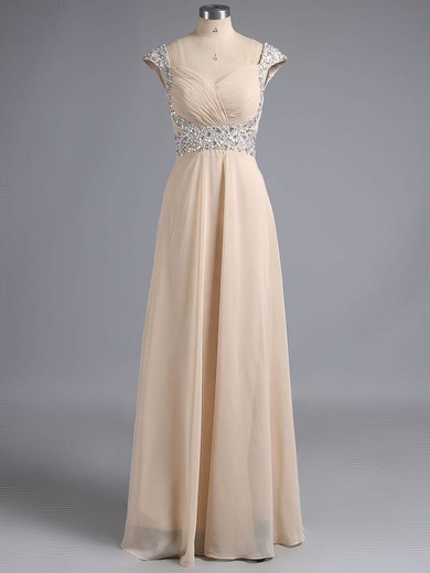 Chiffon with Beading Backless V-neck Cap Straps Champagne Prom Dress #ZPJCD02014724