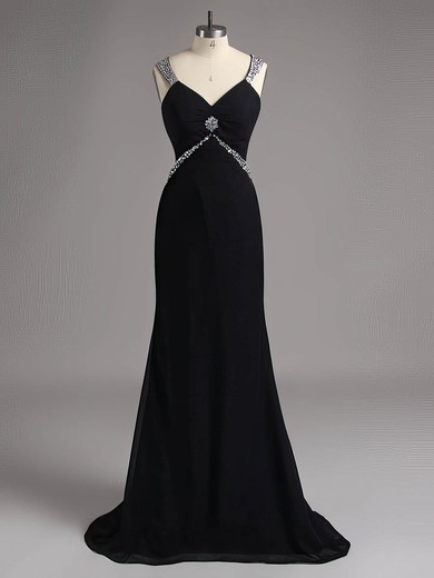 Empire Black V-neck Chiffon with Beading Fabulous Backless Prom Dress #ZPJCD02014740