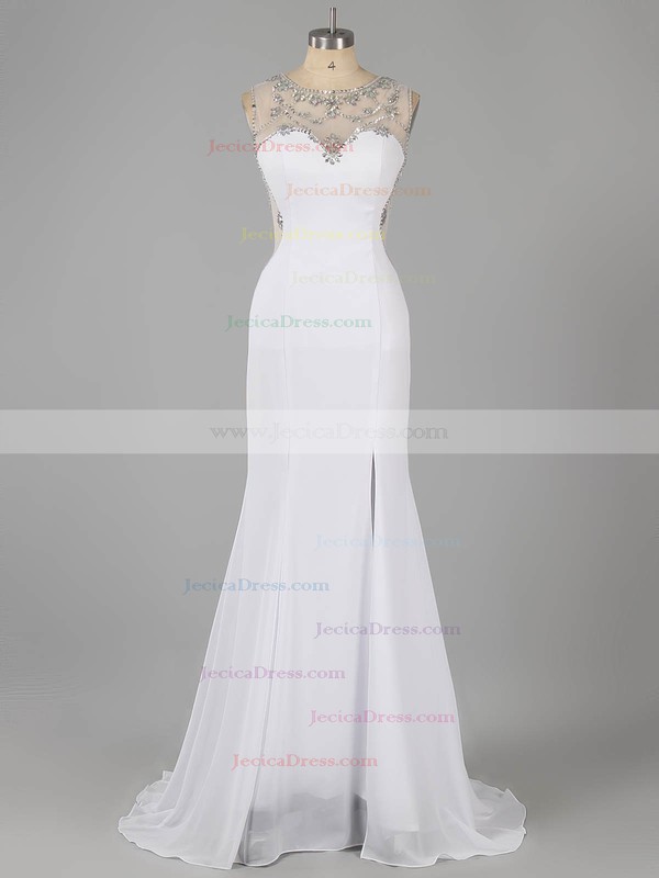Scoop Neck Sheath/Column Chiffon with Beading Split Front Prom Dress #ZPJCD02015326