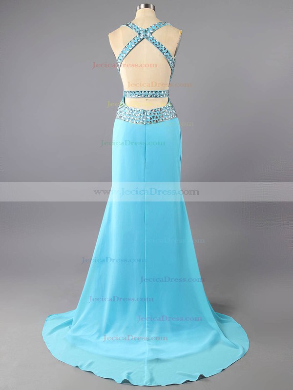 Backless Trumpet/Mermaid Sweetheart Chiffon Crystal Detailing Blue Prom Dresses #ZPJCD02016038