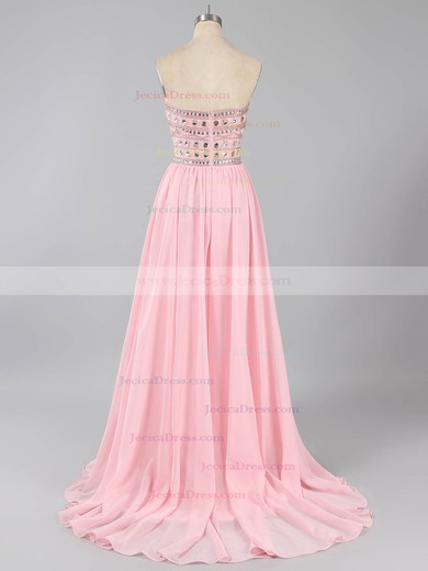 A-line Sweetheart Chiffon Crystal Detailing Unique Pink Prom Dresses #ZPJCD02016050