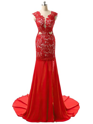 Scoop Neck Trumpet/Mermaid Chiffon Tulle Appliques Lace Latest Red Prom Dresses #ZPJCD02016325
