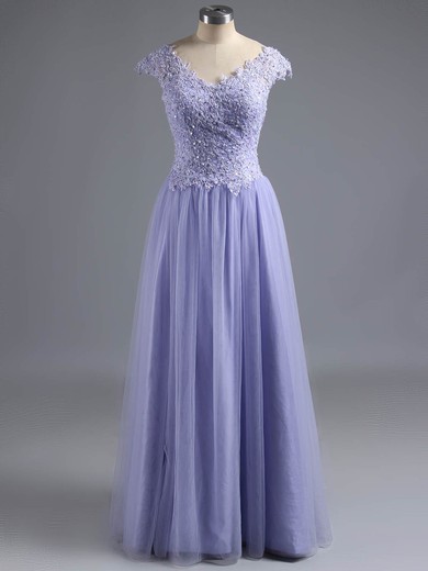 Sweet Princess Lavender Satin Tulle Beading V-neck Backless Prom Dresses #ZPJCD02016570