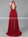 High Neck Red Chiffon Appliques Lace Open Back Detachable Prom Dresses #ZPJCD02016734