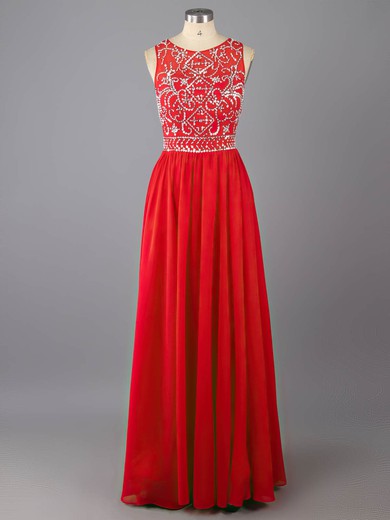 Red Scoop Neck Chiffon with Beading Floor-length Modest Prom Dress #ZPJCD02016976