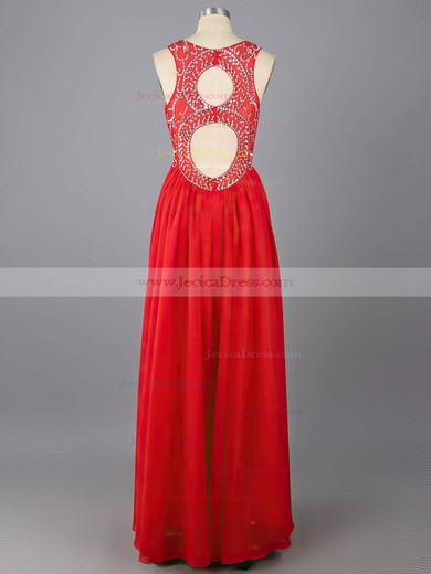 Red Scoop Neck Chiffon with Beading Floor-length Modest Prom Dress #ZPJCD02016976