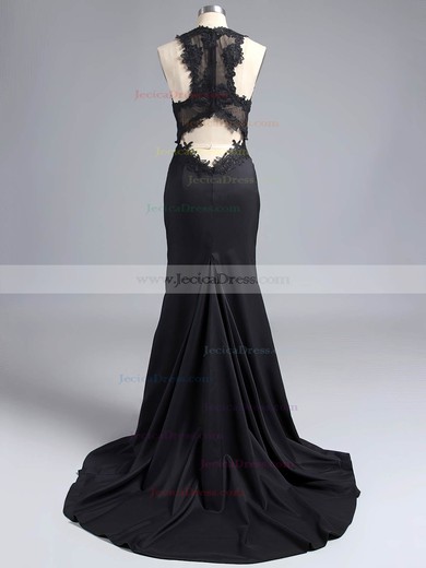 Trumpet/Mermaid Black Tulle Elastic Woven Satin Appliques Lace Court Train Prom Dress #ZPJCD02017318