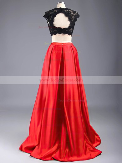 A-line Scalloped Neck Lace Satin Beading Open Back Two Piece Prom Dresses #ZPJCD02018634