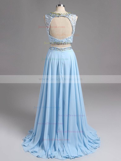 Open Back Blue Chiffon Scoop Neck Appliques Lace Two Piece Prom Dress #ZPJCD02019465