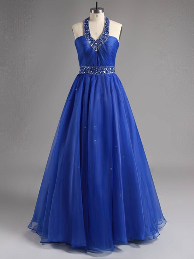 For Less Ball Gown Blue Organza with Beading Halter Prom Dresses #ZPJCD02023259