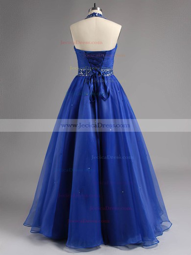 For Less Ball Gown Blue Organza with Beading Halter Prom Dresses #ZPJCD02023259