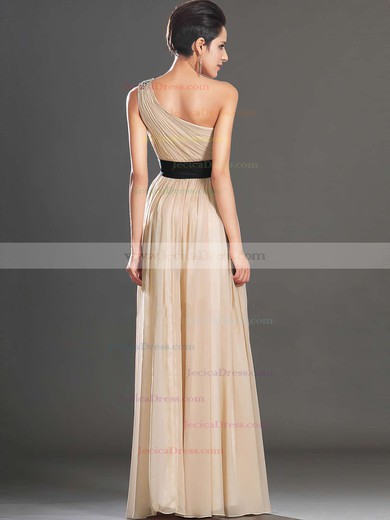 One Shoulder A-line Champagne Chiffon Sashes / Ribbons Modest Prom Dress #JCD020102027